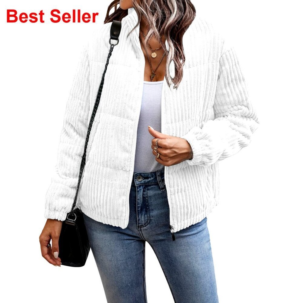 Corduroy Puffer Jacket Women Quilted Lightweight Baggy Zip Spring Fall